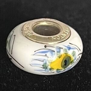 Fenton Art Glass White Peacock Feather Bead Sterling Silver 925 Core Charm Rare